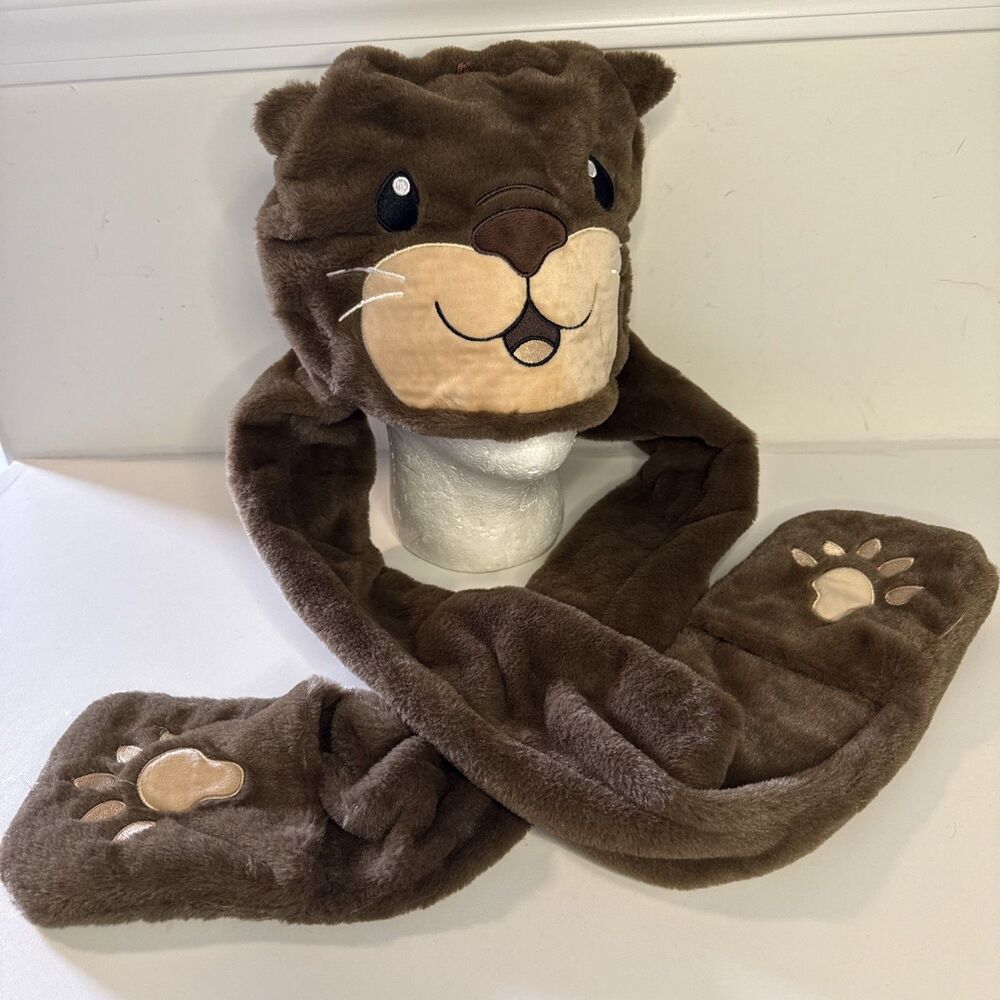Otter Animal Hood Scarf Mittens 3-in-1 Plush Grizzly Costume Hat